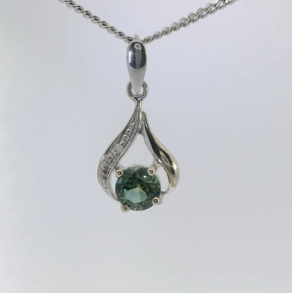 Captivating Green Yellow Parti Sapphire Diamond, set in 9ct White Gold Pendant. M91978