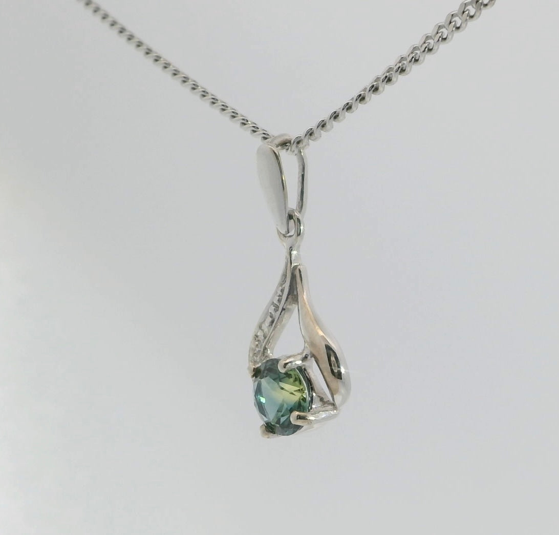 Captivating Green Yellow Parti Sapphire Diamond, set in 9ct White Gold Pendant. M91978