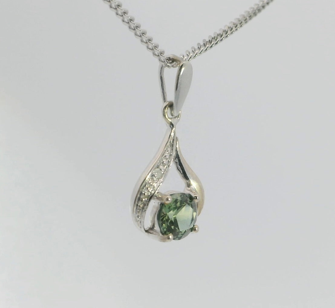 Captivating Green Yellow Parti Sapphire Diamond, set in 9ct White Gold Pendant. M91978