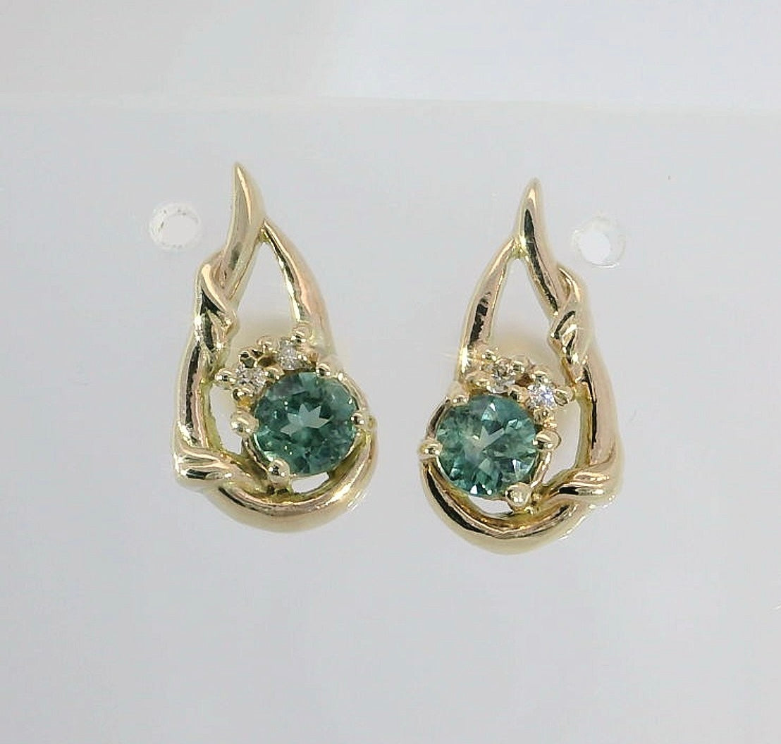 Exquisite 9ct Gold Earrings set with Teal Sapphires & Diamonds. M92202