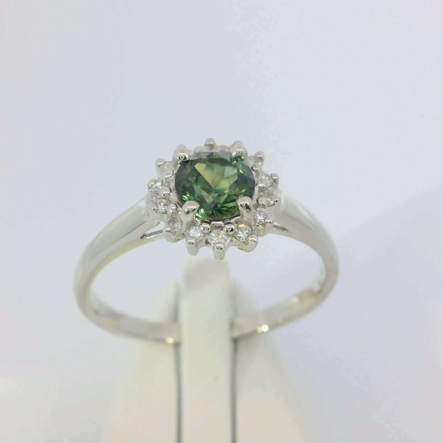 Elegant Green Yellow Parti Sapphire & Diamond 9ct White Gold Ring. M91707