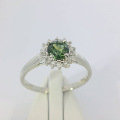 Elegant Green Yellow Parti Sapphire & Diamond 9ct White Gold Ring. M91707