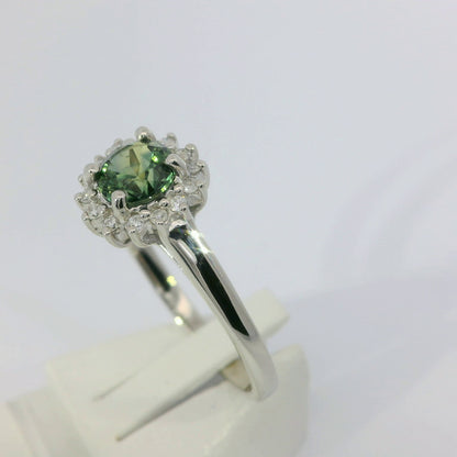 Elegant Green Yellow Parti Sapphire & Diamond 9ct White Gold Ring. M91707