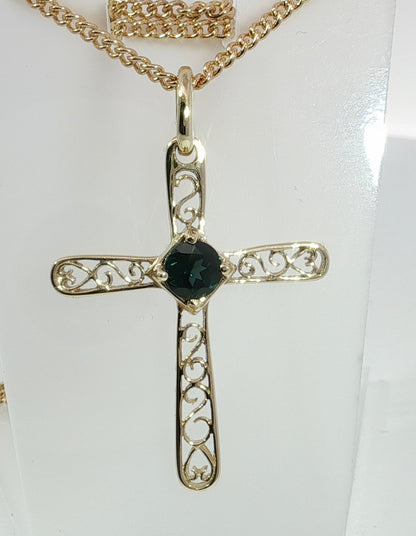 9ct Gold Cross Pendant set with a Bright Blue Sapphire. M91902