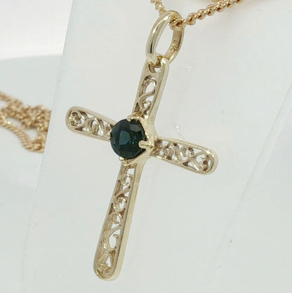 9ct Gold Cross Pendant set with a Bright Blue Sapphire. M91902