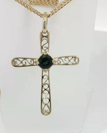 9ct Gold Cross Pendant set with a Bright Blue Sapphire. M91902