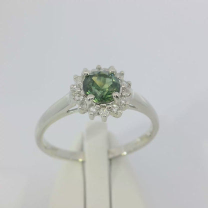 Elegant Green Yellow Parti Sapphire & Diamond 9ct White Gold Ring. M91707