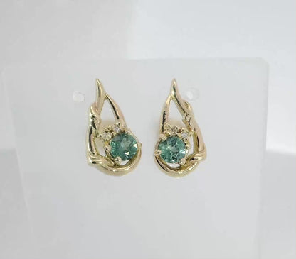 Exquisite 9ct Gold Earrings set with Teal Sapphires & Diamonds. M92202